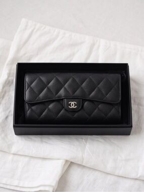 CHANEL Classic Flap Wallet – Black Quilted Caviar Leather with Silver Hardware